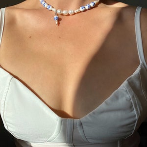 Freshwater pearl choker necklace, blue and white porcelain ceramic bead choker, lariat bridal necklace CHINOISERIE CHIC III
