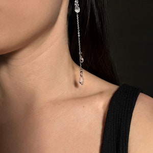 Long crystal teardrop earrings, silver stainless steel hoops with chain pendants, elegant bridal earrings image 8