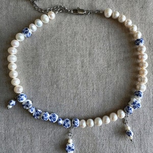 Freshwater pearl choker necklace, blue and white porcelain ceramic bead choker, lariat bridal necklace image 2