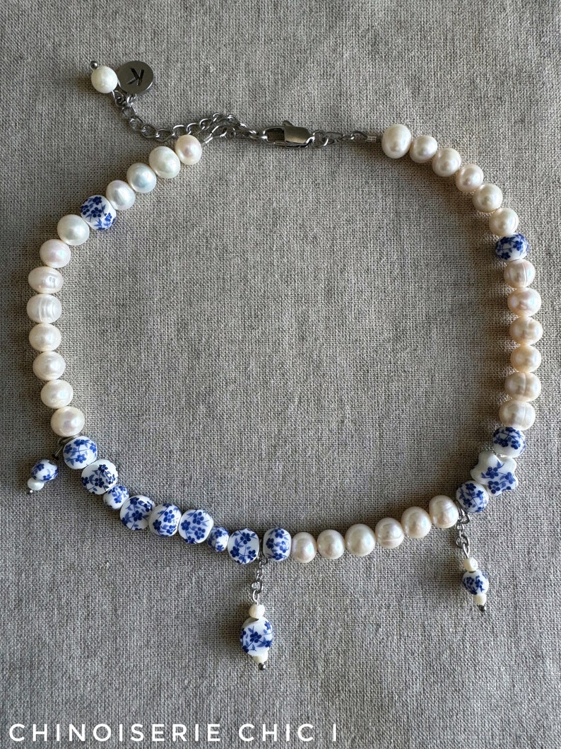 Freshwater pearl choker necklace, blue and white porcelain ceramic bead choker, lariat bridal necklace image 2