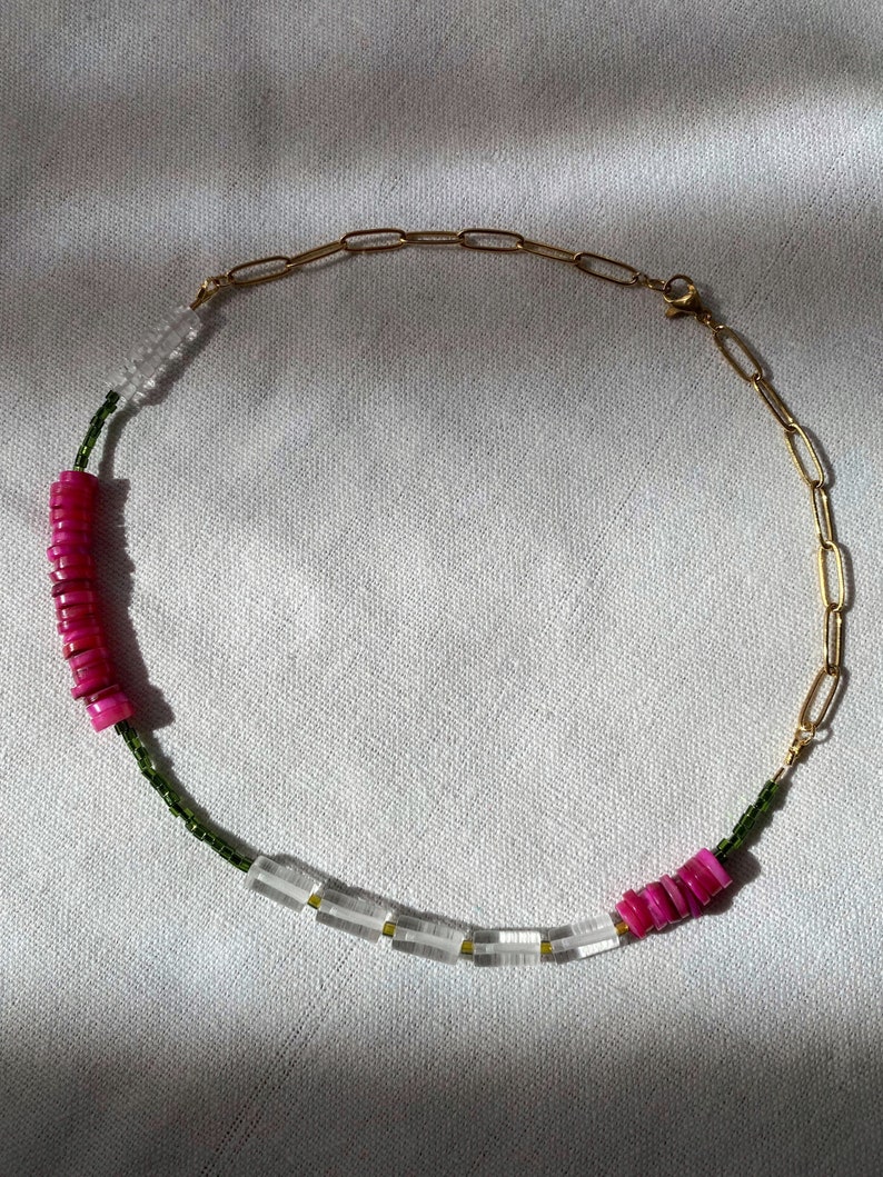 Natural stone crystal quartz choker necklace, fuchsia heishi shell choker, beaded surfer collar necklace image 6