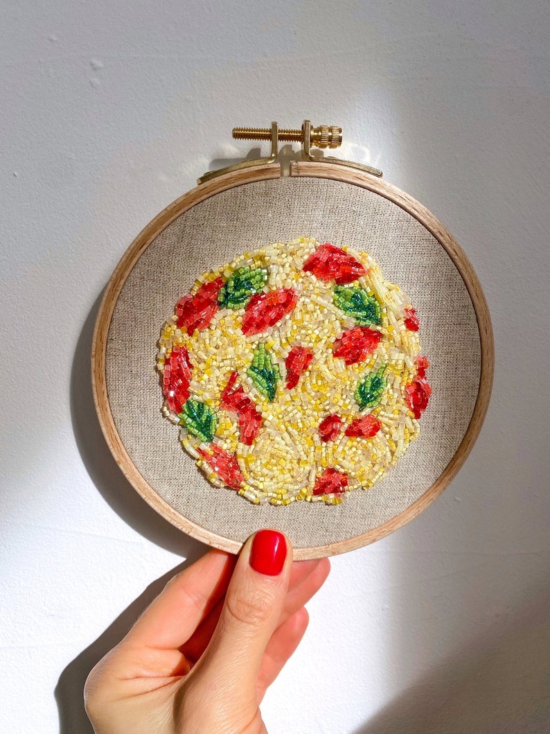 Kitchen wall decor, Italian spaghetti embroidery hoop art, kitchen wall decor food art bead embroidery, pasta embroidered hoop image 5