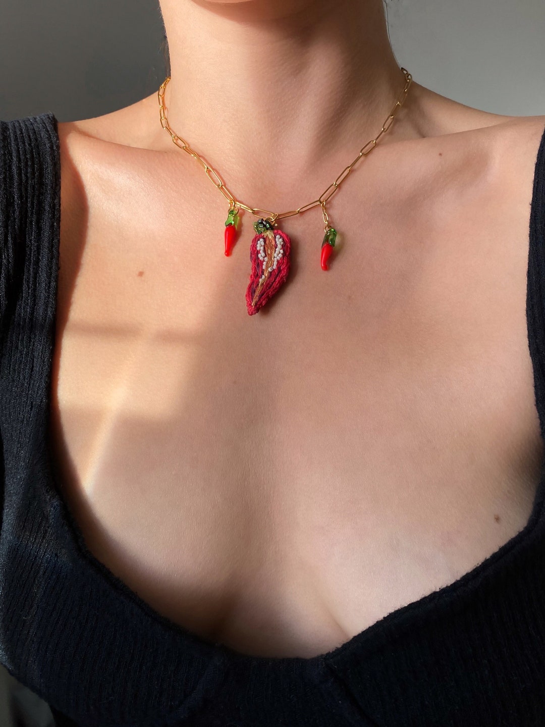 Red Hot Chili Pepper Necklace Embroidered Cornicello Pendant Etsy