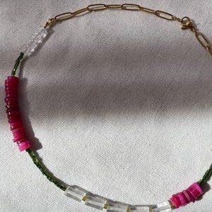 Natural stone crystal quartz choker necklace, fuchsia heishi shell choker, beaded surfer collar necklace image 7