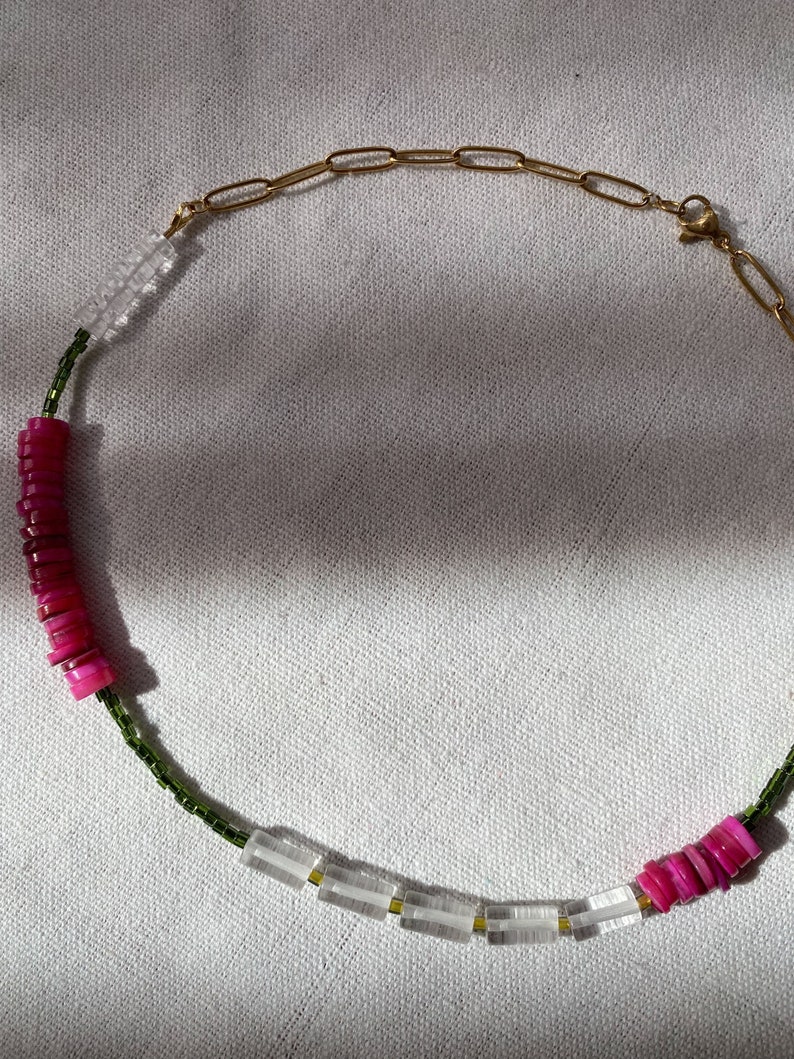 Natural stone crystal quartz choker necklace, fuchsia heishi shell choker, beaded surfer collar necklace image 7