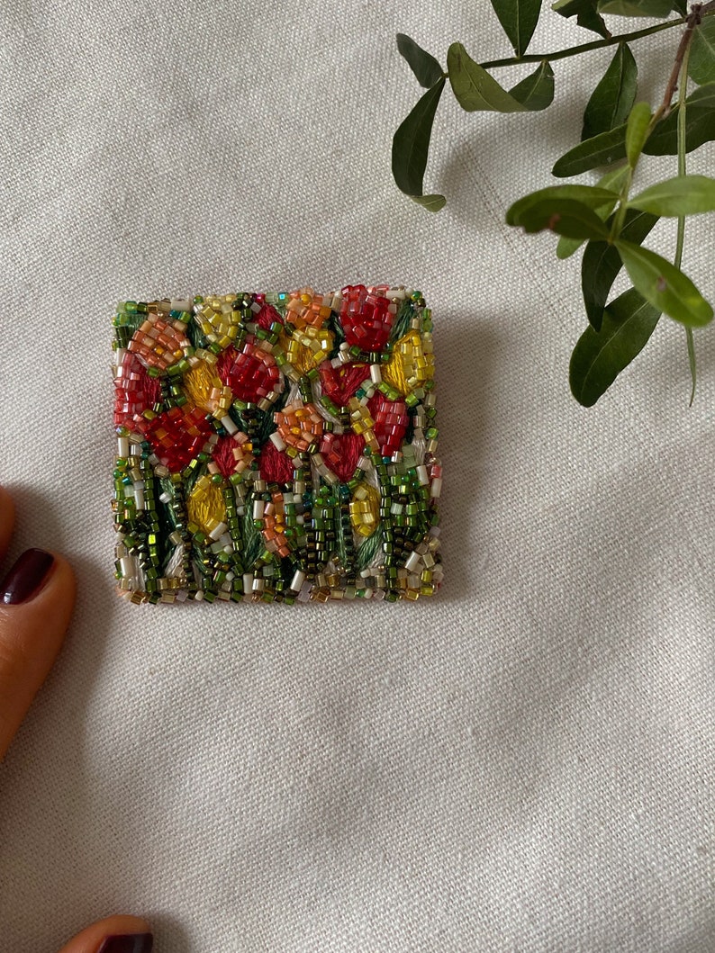 Flower bead embroidered brooch, red and yellow tulipes field brooch pin image 1