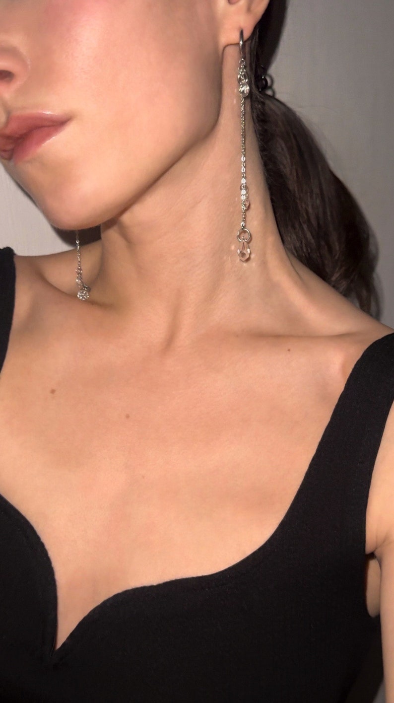 Long crystal teardrop earrings, silver stainless steel hoops with chain pendants, elegant bridal earrings image 5