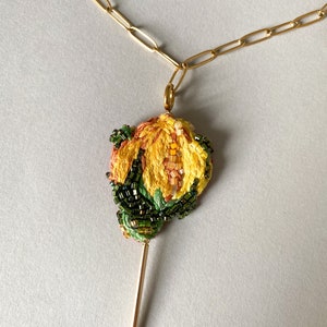 Paperclip chain necklace gold stainless steel with hand embroidered pendant yellow rose bud flower, birth flower necklace image 7
