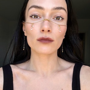 Gold face chain with teardrop crystal pendants, stainless steel nose chain, festival face jewelry