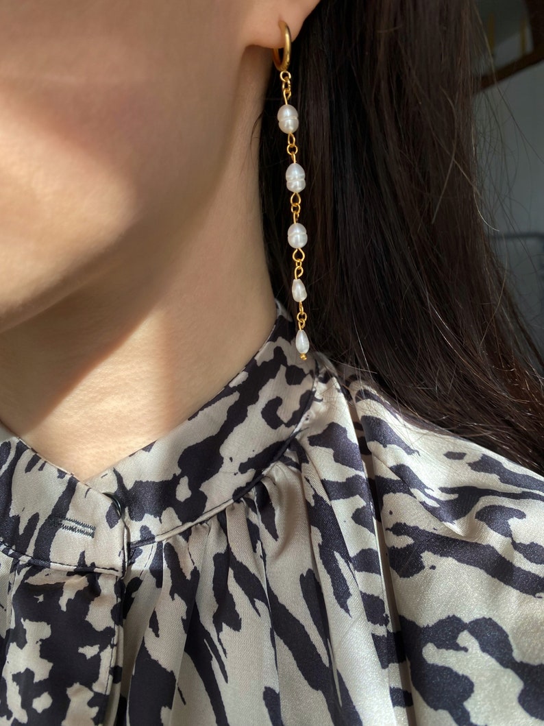 Long pearl hoop earrings, freshwater pearl drop earrings, gold stainless steel huggie hoop, dainty dangle pearl earrings image 6