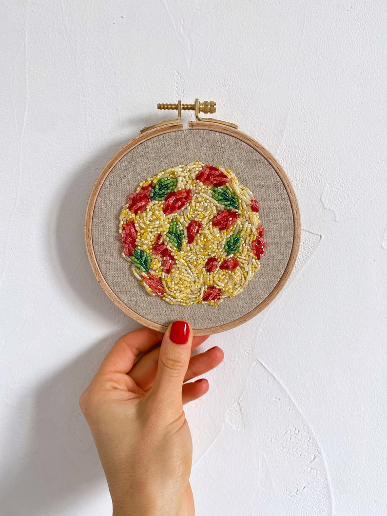 Kitchen wall decor, Italian spaghetti embroidery hoop art, kitchen wall decor food art bead embroidery, pasta embroidered hoop image 1