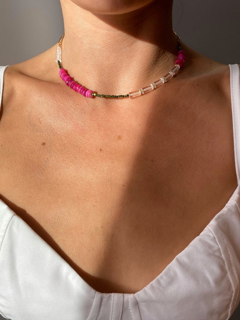 Natural stone crystal quartz choker necklace, fuchsia heishi shell choker, beaded surfer collar necklace image 1