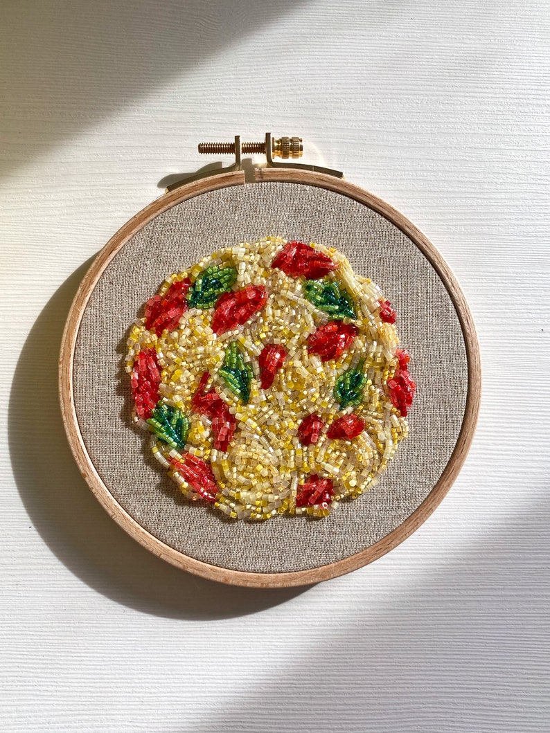 Kitchen wall decor, Italian spaghetti embroidery hoop art, kitchen wall decor food art bead embroidery, pasta embroidered hoop image 6