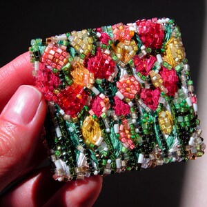 Flower bead embroidered brooch, red and yellow tulipes field brooch pin image 2