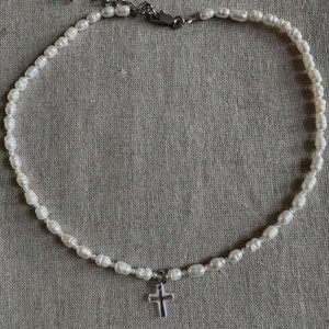 Dainty pearl and crystal cross necklace, tiny freshwater pearl choker and cross pendant, grunge style necklace image 6