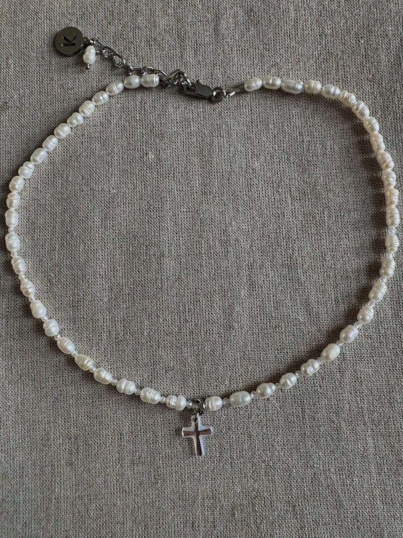 Dainty pearl and crystal cross necklace, tiny freshwater pearl choker and cross pendant, grunge style necklace image 6