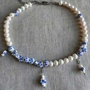 Freshwater pearl choker necklace, blue and white porcelain ceramic bead choker, lariat bridal necklace image 3