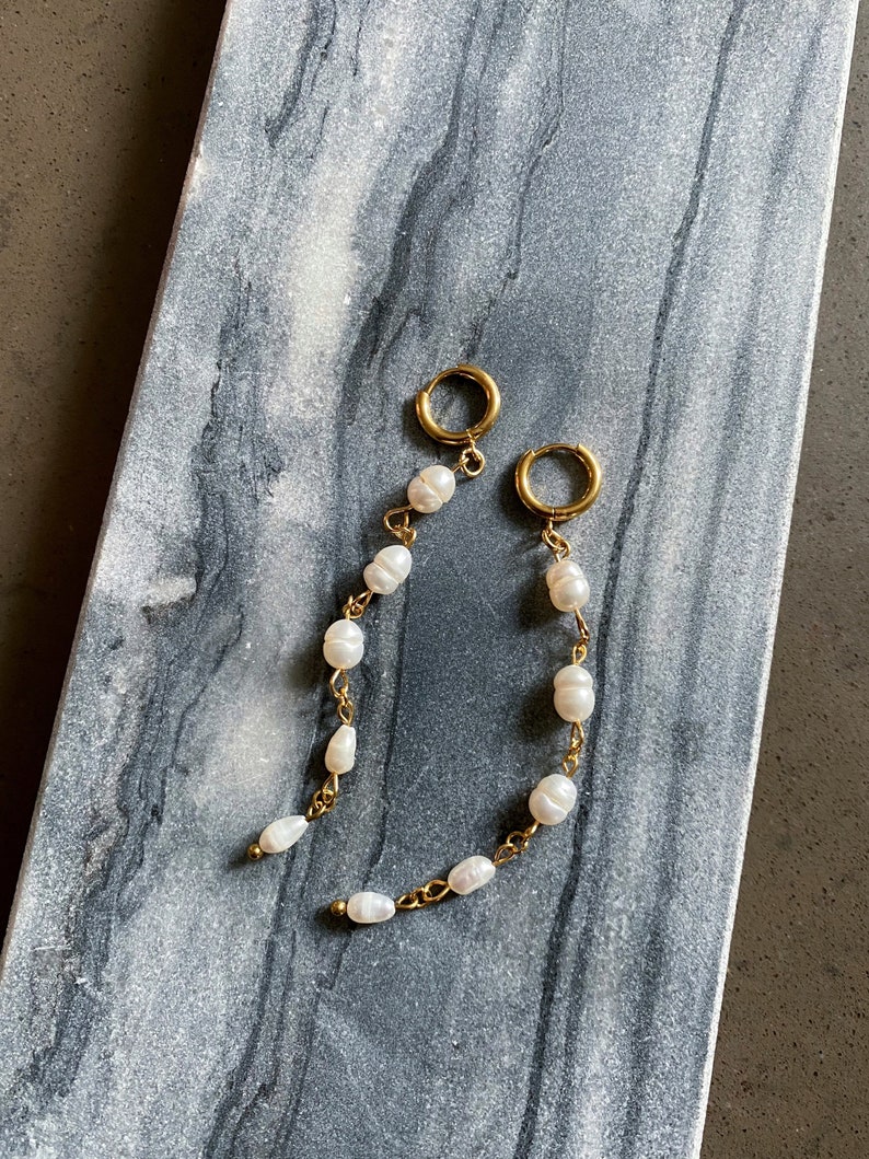 Long pearl hoop earrings, freshwater pearl drop earrings, gold stainless steel huggie hoop, dainty dangle pearl earrings image 5