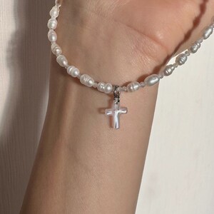 Dainty pearl and crystal cross necklace, tiny freshwater pearl choker and cross pendant, grunge style necklace image 7