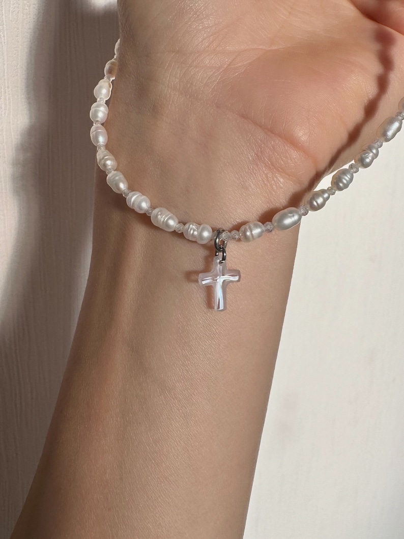 Dainty pearl and crystal cross necklace, tiny freshwater pearl choker and cross pendant, grunge style necklace image 7