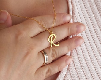 Script Letter Necklace 925 sterling silver, initial pendant 14k solid gold jewelry, initial charm with chain jewellery