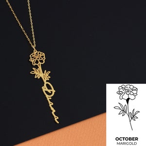 Marigold flower name necklace, Yellow gold Birth Flower  pendant, Ocotber Birthday Gift, Personalized Necklace,Custom Name Necklace
