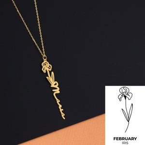 Irıs flower name neckalce, Yellow gold Birth Flower name pendant, february Birthday Gift, Personalized Necklace,Custom Name Necklace