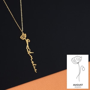 Poppy  Birth Flower Necklace Custom Name Necklace Floral  Necklace, Name Jewelry, Gifts for Mom, August Birth Flower Necklace, birthday gift