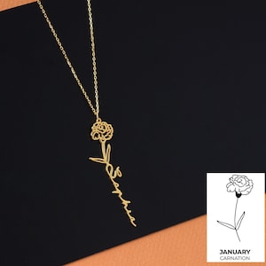 Collar con nombre de flor de clavel, colgante con nombre de flor de nacimiento de oro amarillo, regalo de cumpleaños de enero, collar personalizado, collar con nombre personalizado