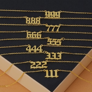 Tiny 14k solid gold  Number Necklace, Middle Angel Number necklaces, Gold lucky number jewelry, Small solid gold angel number necklace