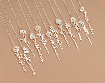 Personalized Birth Flower Name Necklace, Floral Jewelry Gift