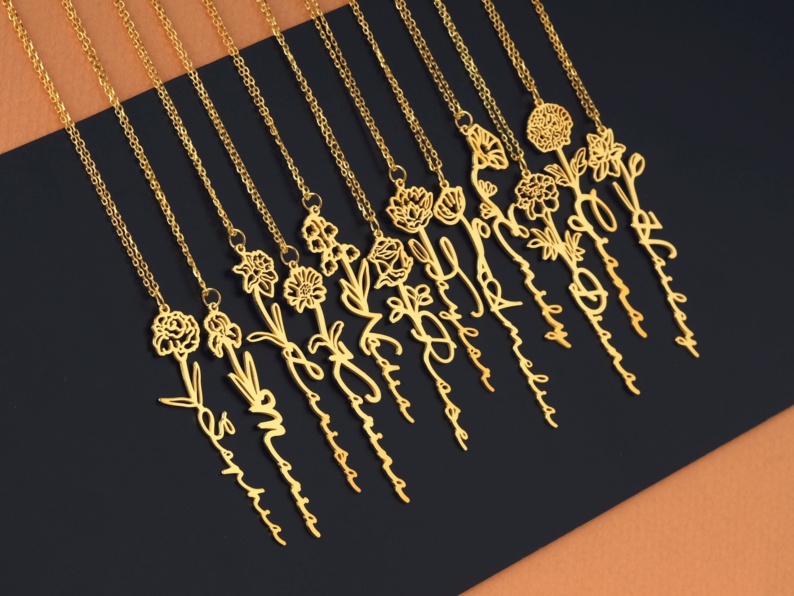 14k Solid Gold Birth Flower Name Necklace, Personalized Jewelry
