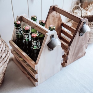 Wooden Beer Caddy with Bottle Opener Blank: Rustic Beer Holder – 6 Bottle Carry Crate – Father&#39;s Day Gift – Groomsman Gift – Beer Tote Box