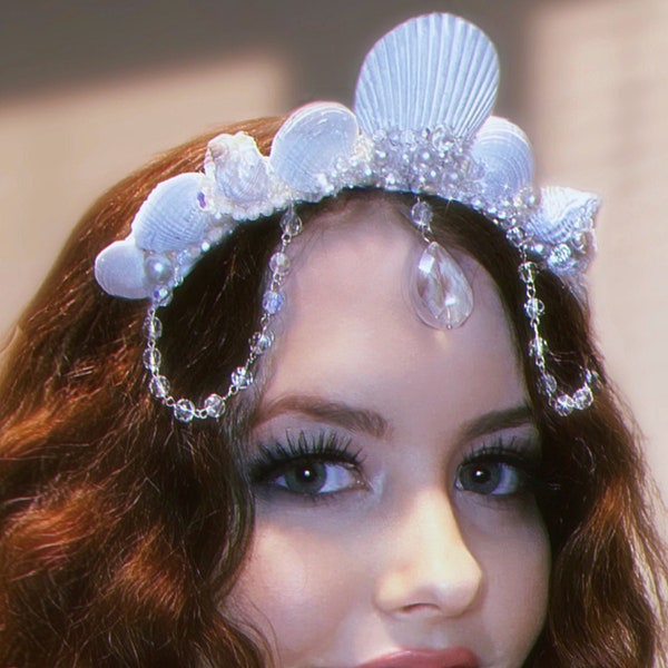 Crystal Mermaid Crown, Mermaid Headpiece, Faux Pearl Seashell Crown, Festival Headpiece, Mermaid Goddess Tiara