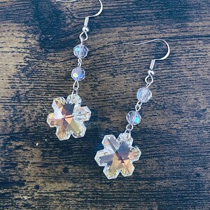 Sparkly Crystal Snowflake Earrings, Dangly Christmas Earrings, Snowflake Crystal Drop Earrings, Handmade Christmas Jewelry