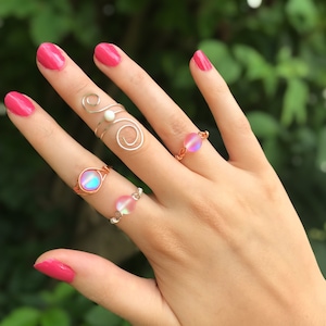 Irridescent Pink Opalite Crystal Ring, Unicorn Pink Opal Ring, Pink Moonstone Boho Ring