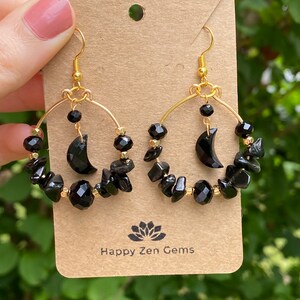 Black Moon Earrings, Onyx Crystal Moon Earrings, Black Onyx and Gold Hoop Earrings, Black Onyx Witchy Jewelry