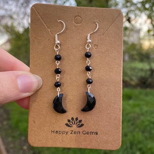 Dainty Black Onyx Moon Earrings, Witchy Black Moon Earrings, Dangly Black Onyx Crescent Earrings, Black Crystal Moon Earrings