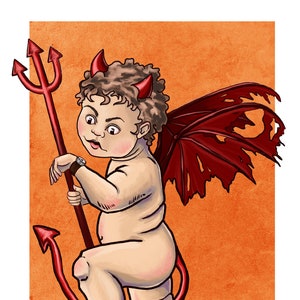 Puede incluir: Una ilustración de dibujos animados de un bebé demonio con cuernos rojos, alas y cola sosteniendo un tridente. El bebé demonio lleva un reloj de pulsera y tiene una expresión traviesa en su rostro.