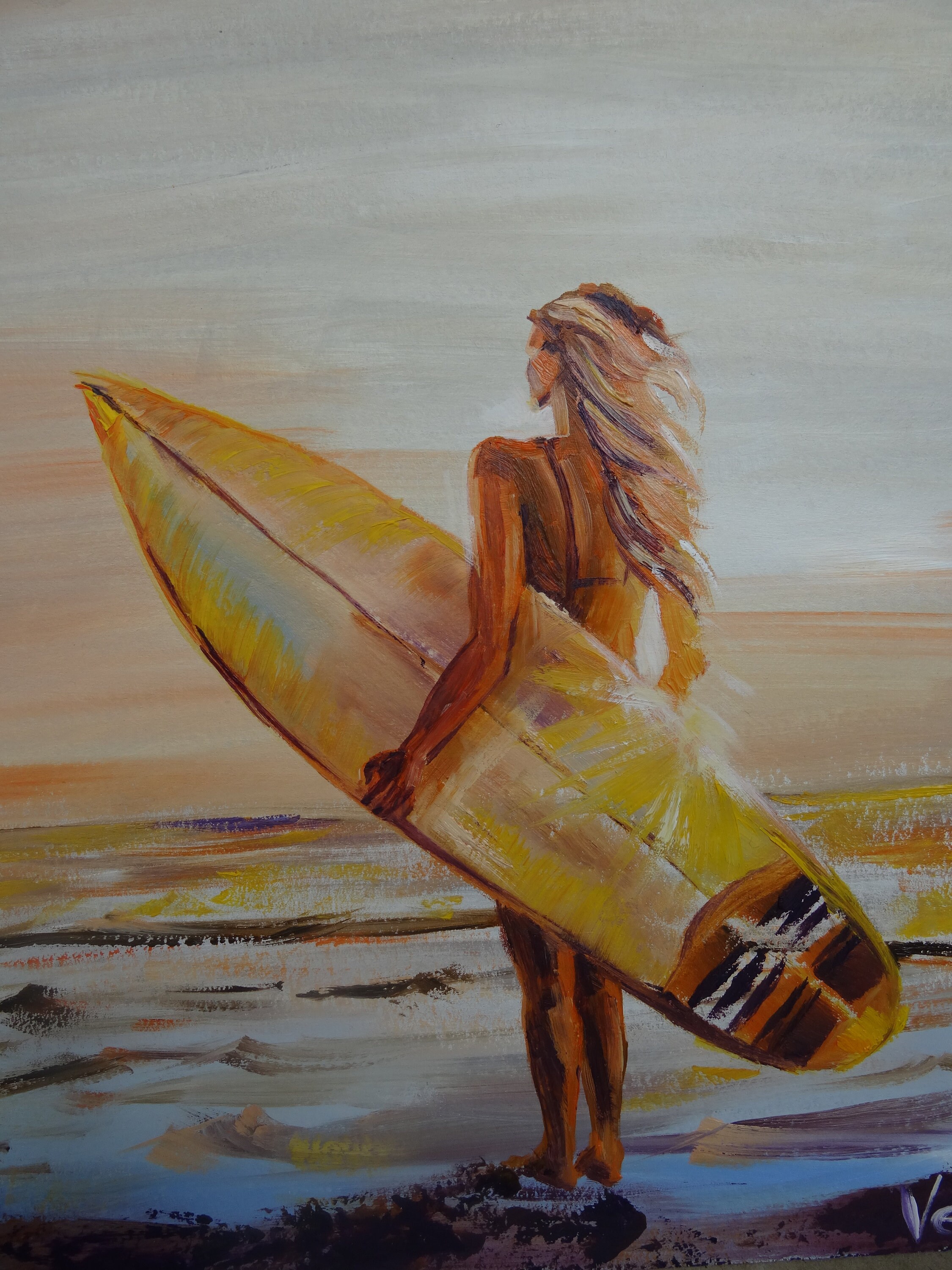 Surfboard painting Sea landscape Original seascape Surfer girl Etsy