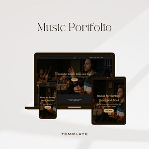 May include: A digital mockup of a music portfolio website displayed on a laptop, smartphone, and tablet. The website features the text "Music for Screen, Story, and Soul" and "TEMPLATE". The design showcases a musician with headphones.