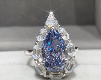 Pear Cut Purple Tanzanite Halo Ring, Sterling Silver, Diamond Simulant Engagement Ring