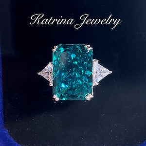 Blue Green Paraiba Tourmaline Three Stone Radiant Engagement Ring For Women Three Stone Triangle White Diamond Green Gemstone Diamond Unique