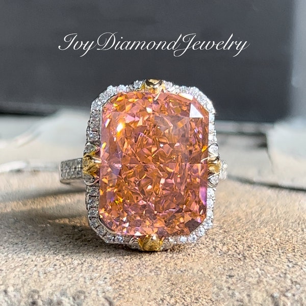 Padparadscha Sapphire Ring, Orang Pink Sapphire Engagement Ring, Gold Prongs Silver Art Deco Vintage Ring, Huge Large Big Gemstone Diamond