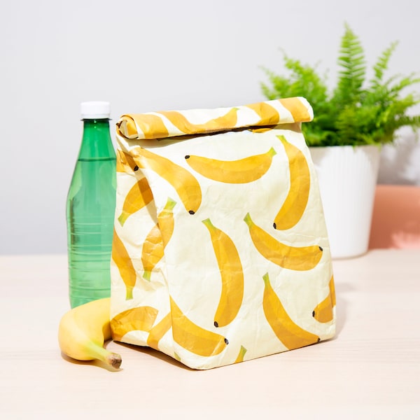 Lunch Bag | Reusable Eco-friendly Zero Waste Brown Paper | Waterproof, Insulated, Easy to Clean Easy to Fasten Velcro | Banana Yellow Design