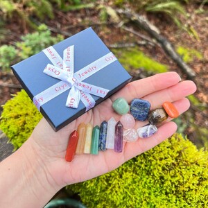 Chakra Healing Set of 14 Crystals, Mini Altar for Desk or Travel, in Gift Box
