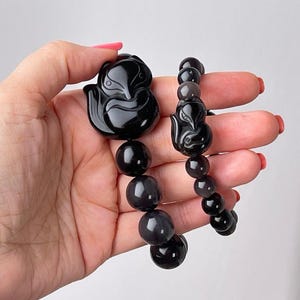 Lucky Fox Obsidian Bracelet, 16Mm XL Or 12 Mm, For Luck And Boundaries, Stretchy, With Fox Carving And Sheen