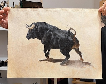 Spanish Bull Running, Original Oil Painting, Wild Animal Art 30x40cm.