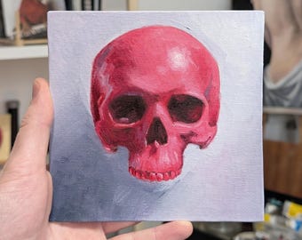 Pink Skull Gothic. Original oil painting, dark art (15x15cm)