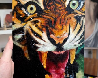 Roaring tiger close-up: original oil painting, wildlife expressive art (24x19cm)